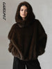 Women's Faux Fur Coats Hooded Patchwork Zipper Cropped Jackets Street Female Lantern Long Sleeves Loose Autumn Winter Outerwears