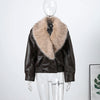 Elegant PU Fur Patchwork Jacket Women Loose Detachable Collar Lapel Double Breasted Jackets Female Winter Warm Outwear