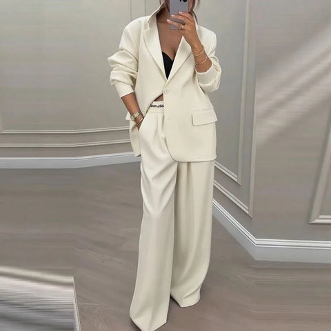 Autumn Casual Women's Suit Set Sexy Turn-down Collar Button Blazer & Straight-leg Pants Set Winter Solid Long Sleeve Chic Outfit