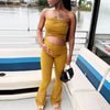 Olive Green Slim Pant Sets Women's Two Pieces Set Crop Off Shoulder Ruffled Tube Top Outfits Mid Waist Flares Trousers Sets