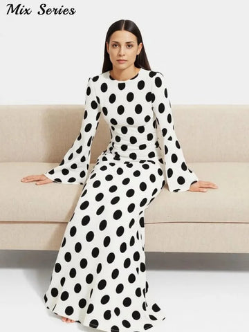 Casual Polka Dot Dress Women's Slim O-neck Full Sleeve High-Waisted Floor-Length Dresses Spring Autumn Robes