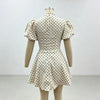 Vintage Sexy Deep V Puff Sleeve Button Ribbed Mini Dress High Waist Cinched Waist A Line Flared Dresses Sweet Casual Date Women
