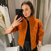 Faux Suede Cropped Jacket Women's Jacket Autumn Orange Long Sleeve Stand Collar Zip-Up Slim Outerwear Chic Top