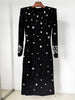 High Street Designer Party Vestido Women's Formal Long Sleeve Beaded Midi Dress