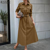 Women Autumn Cargo Maxi Long Dresses Casual Long Sleeve Pockets Belted Collared Shirt Dress Commuting Workwear S-3XL
