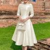 Elegant Satin Black Party Midi Dresses Women's Boatneck 3/4 Sleeve Fit and Flare A-Line Dress Wedding Guest Woman Clothes