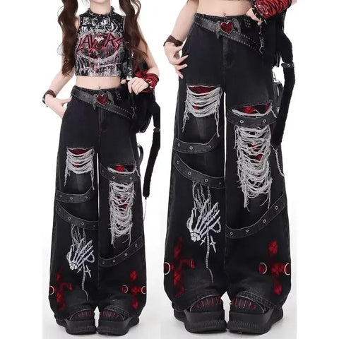 American style spicy girl loose lazy and relaxed denim pants female punk retro washed versatile casual pants
