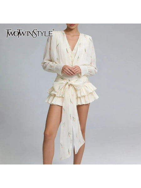 Printing Shher Spliced Ruched Elegant Dresses for Women V Neck Long Sleeves Tunic Patchwork Lace Up Dress Female