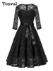 Sweetheart Neck Elegant Lace Long Swing Dress Women 3/4 Length Sleeve Belted Spring Autumn Vintage Ladies Midi Dresses