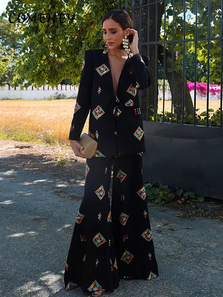 Geometric Printed Blazer Jacket Pants Sets Women Shoulder Pads V Neck Lace Up Full Sleeve Jackets Flare Pant Lady Outfit