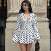 Polka Dot Puff Sleeve Dress Women's V-neck Waist Cinching Pleated Mini Dresses Spring Lady Elegant Casual Wear