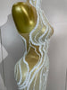 Sexy Mesh See Through Long Dress Women Elegant White Pearls Sequins Birthday Evening Celebrate Party Nightclub Show Stage Wear