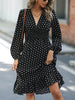 Spring Autumn Dots Print Elastic Waist Dresses Women V Neck Long Sleeve Dress Female Office Commuter Casual A-line Gown