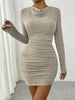 Elegant Asymmetric Hem Knit Dress for Women with Ruffle Collar Long Sleeve Slim Fit Autumn Winter Dress