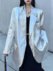 Women Silver Big Size Glossy Sensation Blazer Lapel Long Sleeve Loose Jacket Tide Autumn 31A0901