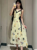 Kuzuwata Elegant V Neck Sling Dress Print Slim Vest Big Swing Lace Up Ruched Panelled Robe Japan French Mujer