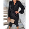 Elegant Long Sleeved Dress Women Solid Color Slim Fit Sexy Pleated Design Lapel Lantern Sleeve Shirt Dress