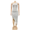 Women Tassel Side Sequins One Shoulder Skew Neck Bodycon Midi Maix Irregular High Low Long Dress Sexy Night Party