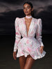 Women's Pink Floral Print Puff Sleeve Dress With Waistband Deep V-neck Chic Satin Ruffled Hem Mini Dress Elegant Sexy Robes