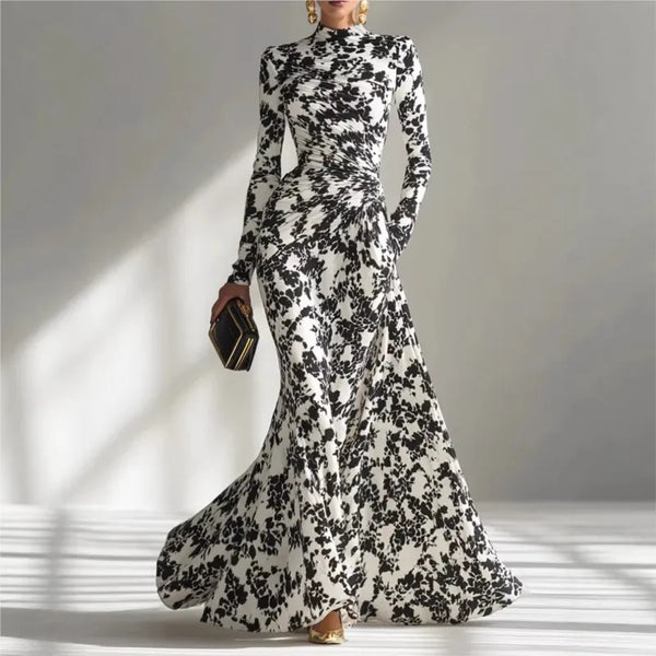 Flower Print Long Sleeve Elegant Maxi Dress Women Gown Spring Ruched Bodycon Mock Neck Long Dresses Female