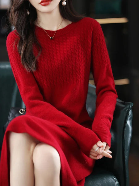 Round Neck Cashmere Dress Women's Long Pullover Sweater Autumn Winter Knitted Knee-Length Pure Wool Dress JJ396