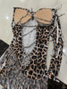 Sparkle Diamond Tassel One Shoulder Leopard Print Stretch Mini Dress Women Birthday Party Sexy Nightclub Stage Costume