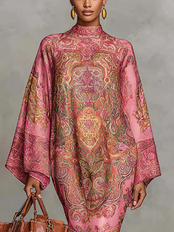 Women's Vintage Elegant Printed High Neck Kaftan Dress Long Sleeves Loose Elegant Evening Midi Dresses Robe