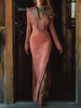 Western Retro Suede Tassel Dresses for Woman V-neck Embroidery Zipper Slim Hips Dress Long Sleeve Side Slit Maxi Dress