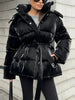 Shiny Belted Waist Jacket For Women Casual Detachable Hood Zipper Pockets Coat Lady Winter Chic Street Outerwear