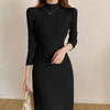 Autumn Winter Slim Long Sleeve Party Midi Dress for Women Knitted Half High Collar Elegant Knitted Sweater Dresses Ladies