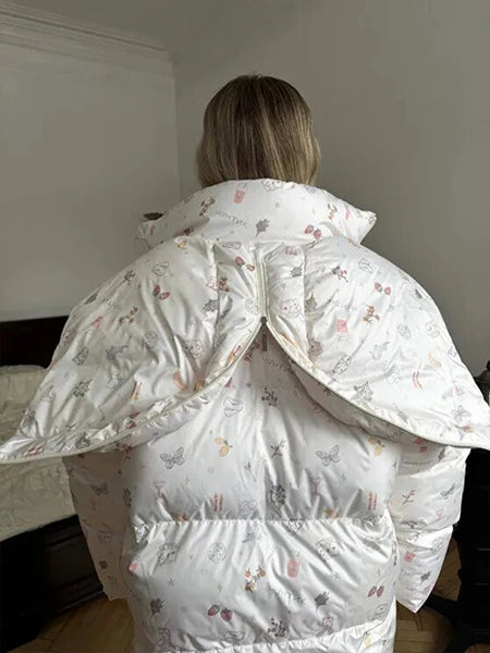 Women's Floral Print Hooded Puffer Jacket with Bow Decor Cute Oversized Winter Warm Coat Loose Casual Feminine Outerwear