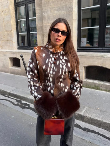 Women Deer Spot Print Faux Fur Cropped Jacket Stand Collar Dark Fur Cuff Button Up Short Coat Vintage Winter Street Outerwear