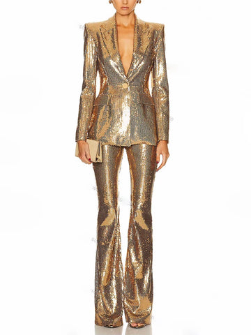 High Street Designer Runway Suit Set Women's Single Button Sequined Blazer Jacket Flare Pants Set 2pcs