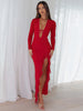 V-Neck Long Sleeve Slim Side Slit Mesh Patchwork Long Dress Women'S Solid Sexy Elegant Clothes Party Club Autumn Outfit