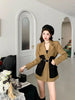 Original Design Blazer Women Loose Spliced Pocket Korean Shrug Notched Single Breasted Blazer Mujer Femal with Belt