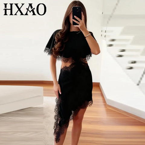 Sexy Lace Asymmetric Satin Dress Womens Dresses Evening Dresses Mini O-Neck Batwing Sleeves Vestido Cut-Out Christmas Dress