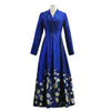Elegant Brocade Jacquard Women Long Maxi Dress Blue Floral Ladis Party Fall Autumn Winter Clothing