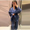 Casual Women Shirt Pant Set V-Neck Lace Up Loose Long Sleeve Top Wide Leg Trousers Suit Spring Autumn Chic Lady Outfits