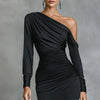 Sexy Skew Collar Hollow Solid Evening Dress Woman Elegant High Waist Pleated Dress Fall One-shoulder Long Sleeve Slim Maxi Dress