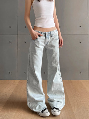 y2k Vintage Women Jeans Low Waist Zipper Button Solid Trousers with Pockets Aesthetic Streetwear Washed Jeans