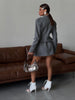 Women Grey Stand‑collar Keyhole Blazer Mini Skirt 2 Piece Set Chic Long‑sleeve Fitted Suit Lady Street Commute Outwear