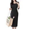Elegant Women Slim Knee-length Dress Square Neck 3/4 Sleeve Seamed Party Vestidos Casual Commute Solid Short Robe