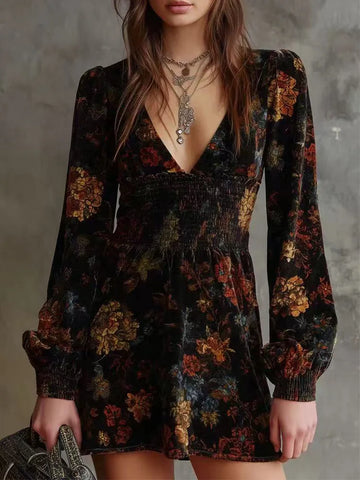 Women's Floral Print V-Neck Long Sleeve Dress Velvet Bodycon Sexy Fit Casual Elegant Maxi Dress Evening Dresses for Events
