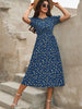 Women's Floral Print Puff Sleeve Dress, Round Neck Waist Tie Design, Boho Style Woven Fabric, All Season Wearable