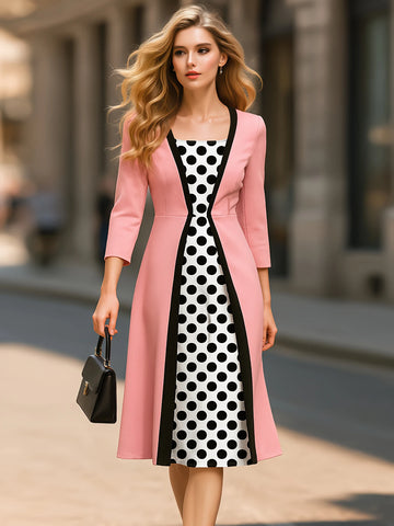Womens Elegant 2/3 Sleeve Polka Dot Work Office A-Line Colorblock Business Casual Party Slim Fit And Flare Swing Dress