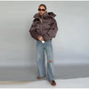 Women's Cropped Puffy Jacket Detachable Hood Drawstring Waist Drop Shoulder Long Sleeve Loose Padded Winter Down Jackets