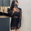 Sexy Black Embroidery Mini Dress Women Elegant Sheer High Waist Pencil Dresses Vintage Loose Flare Sleeve Short Dress