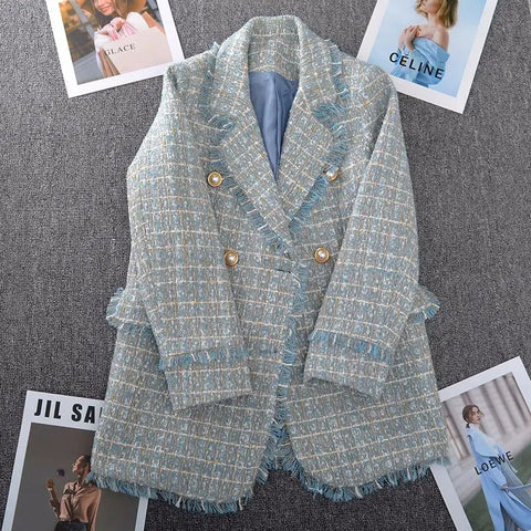 Large Size Women's Tweed Suit Spring Autumn Long Sleeve Vintage Double Breasted Tassel Loose Blazer Jacket Z888