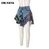 Women Plaid Denim Patchwork Streamer Irregular A-line Mini Skirt Street Female Classic Jeans Cargo Skirts