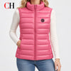 CH Womens Round Sew On Patch Detail Horizontal Quilted Hooded Padded Jacket Full Zipper Casual Daily Wear